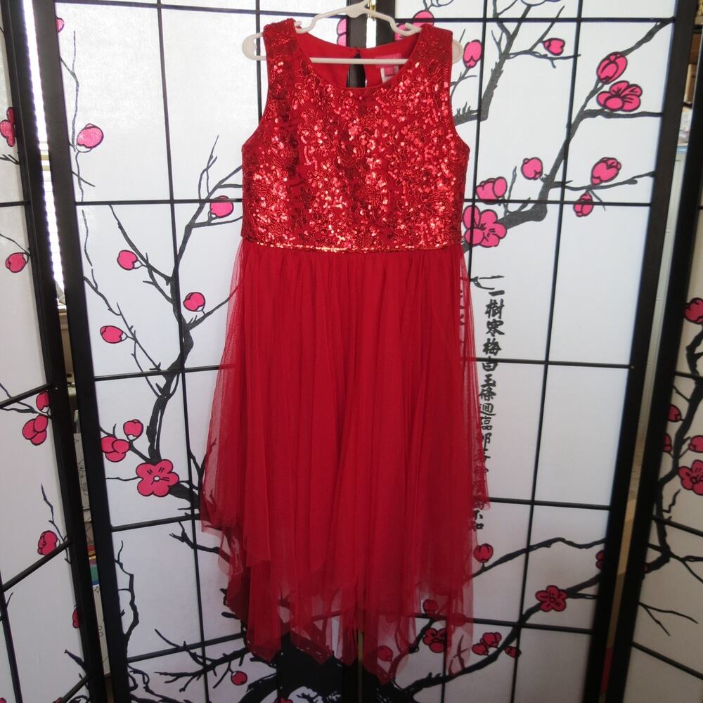 Zunie Girl Red Sequin Tulle High Low Party Dress Size 7/8 Holiday Formal